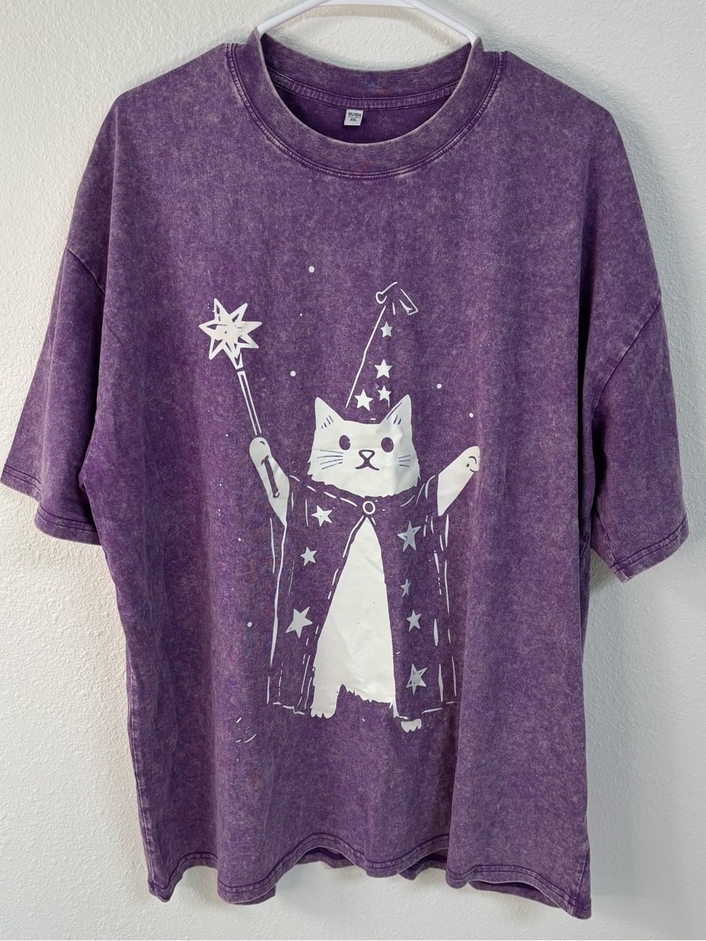 Purple Heather Wizard Cat Graphic T-Shirt XXL Acid Wash Celestial Tee NWT